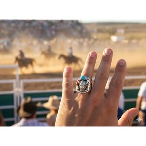 Navajo Men's Buffalo Ring Sterling Silver Turquoise Signed Grace Smith 13 ***